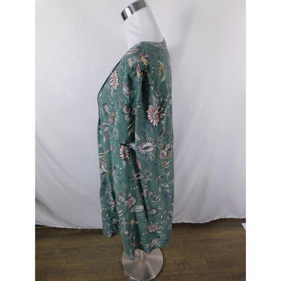 Floral Green Short Sleeve Tunic Dress Split Neck Boho Witch MP - Picture 5 of 12